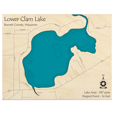 Bathymetric topo map of Lower Clam Lake, WI with roads, towns and depths noted in blue water.