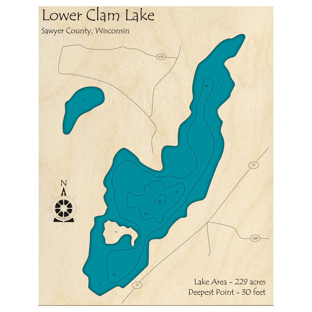 Bathymetric topo map of Lower Clam Lake, WI with roads, towns and depths noted in blue water.
