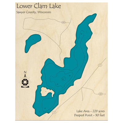 Bathymetric topo map of Lower Clam Lake, WI with roads, towns and depths noted in blue water.