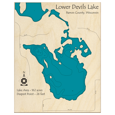 Bathymetric topo map of Lower Devils Lake, WI with roads, towns and depths noted in blue water.
