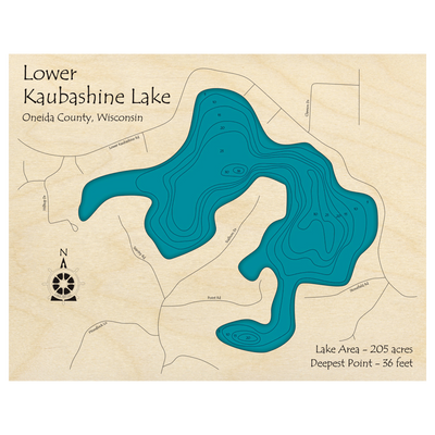 Bathymetric topo map of Lower Kaubashine Lake, WI with roads, towns and depths noted in blue water.