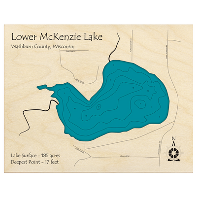 Bathymetric topo map of McKenzie Lake, WI with roads, towns and depths noted in blue water.