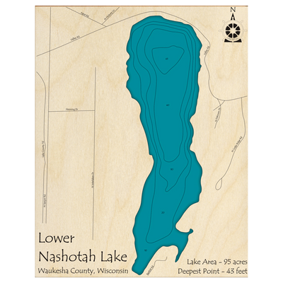 Bathymetric topo map of Nashotah Lake, WI with roads, towns and depths noted in blue water.
