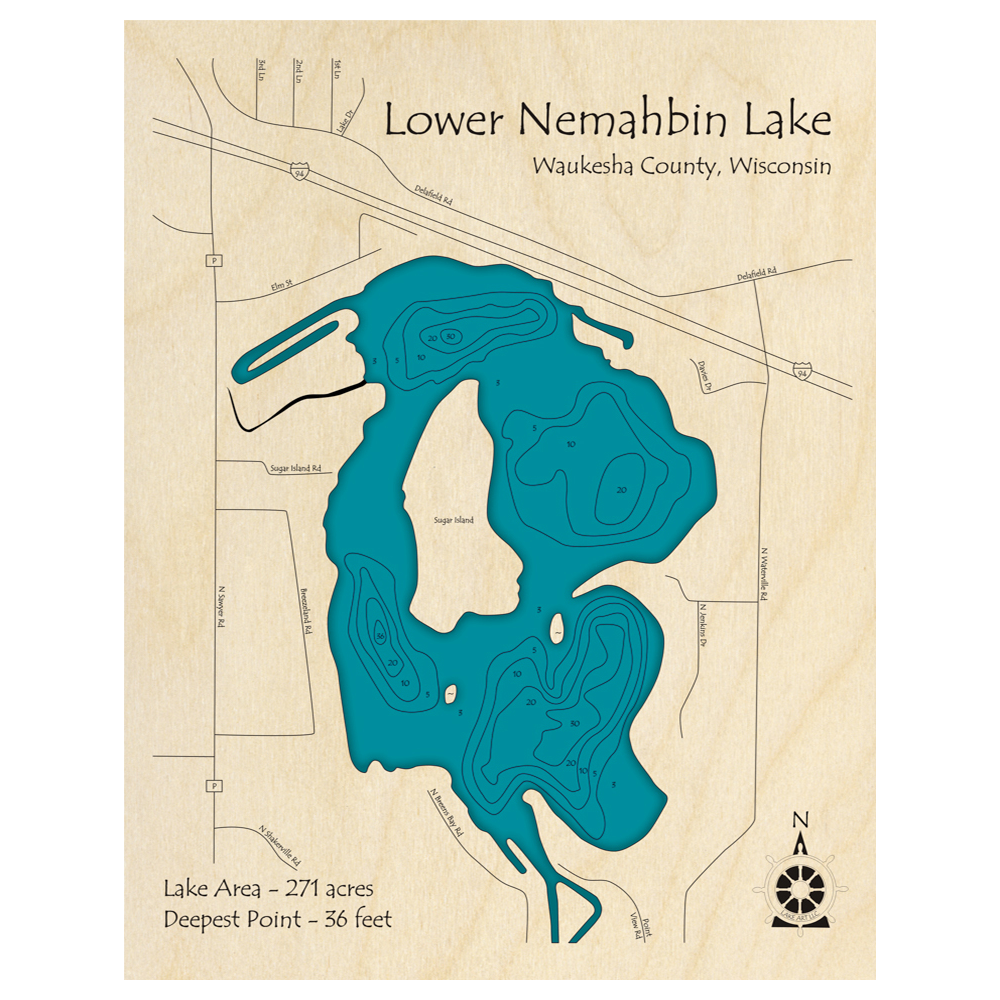 Bathymetric topo map of Nemahbin Lake, WI with roads, towns and depths noted in blue water.