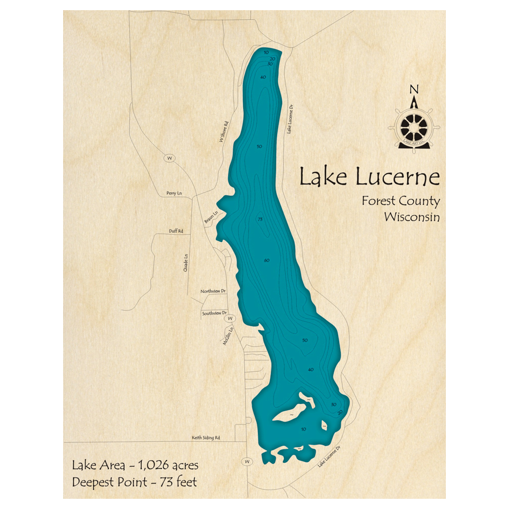 Bathymetric topo map of Lake Lucerne, WI with roads, towns and depths noted in blue water.