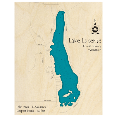 Bathymetric topo map of Lake Lucerne, WI with roads, towns and depths noted in blue water.