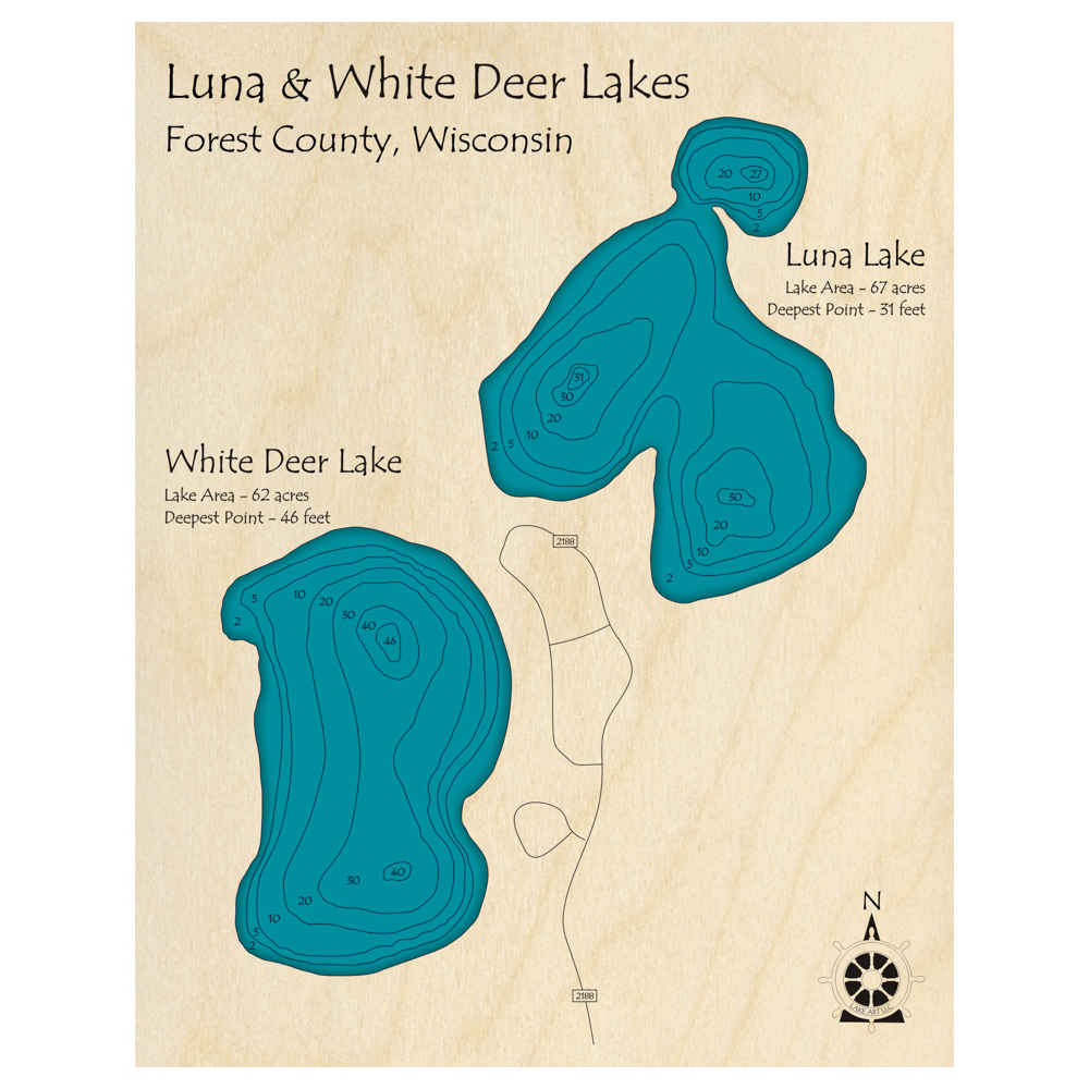 Bathymetric topo map of Luna Lake, WI with roads, towns and depths noted in blue water.
