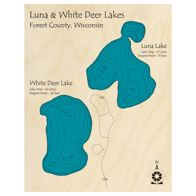 Bathymetric topo map of Luna Lake, WI with roads, towns and depths noted in blue water.
