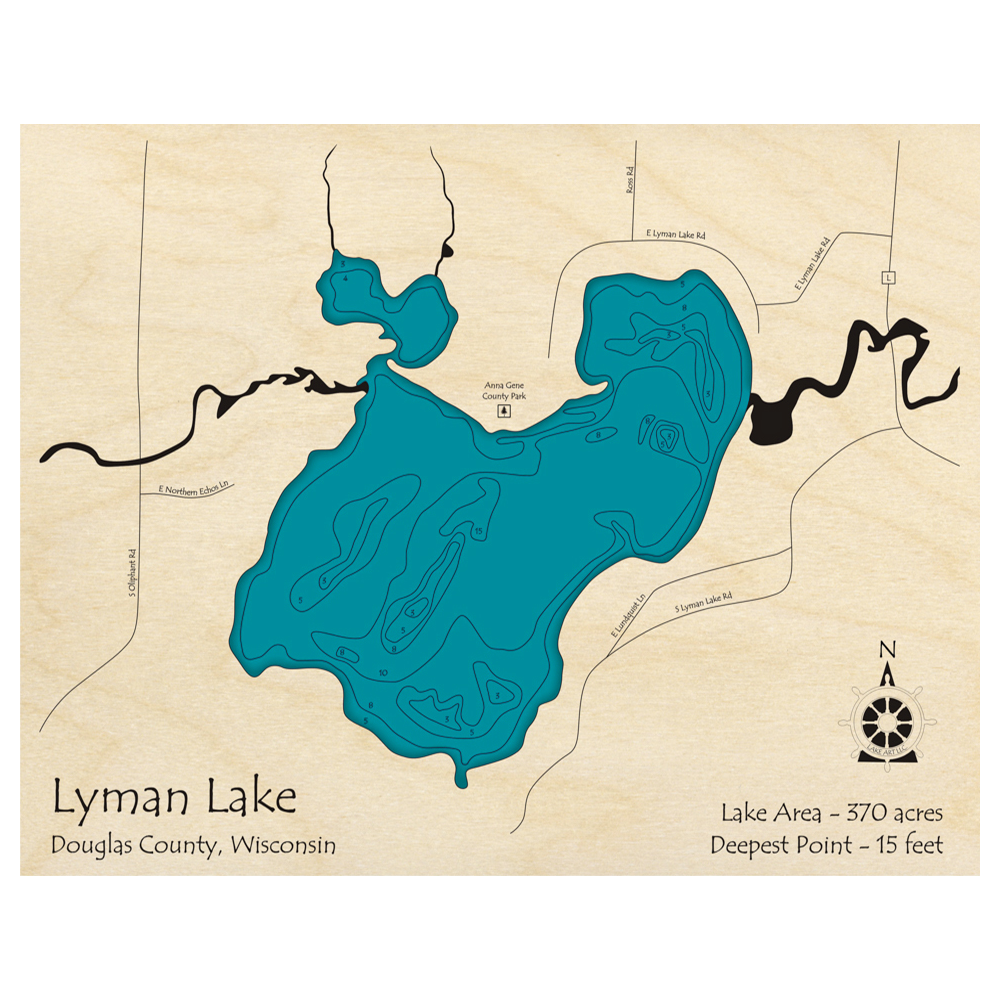 Bathymetric topo map of Lyman Lake, WI with roads, towns and depths noted in blue water.