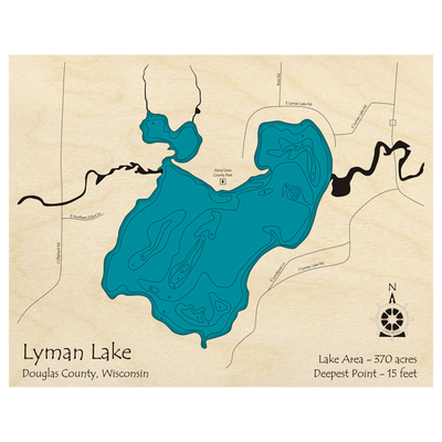 Bathymetric topo map of Lyman Lake, WI with roads, towns and depths noted in blue water.