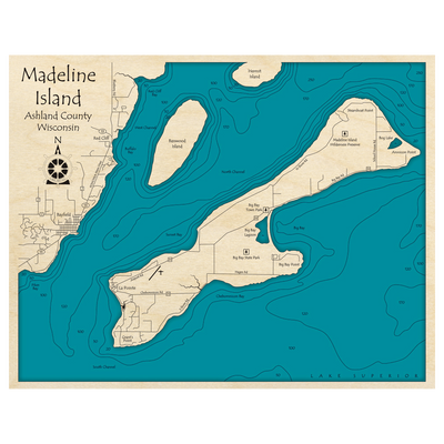 Bathymetric topo map of Madeline Island, WI with roads, towns and depths noted in blue water.