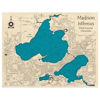 Bathymetric topo map of Madison Isthmus, WI with roads, towns and depths noted in blue water.