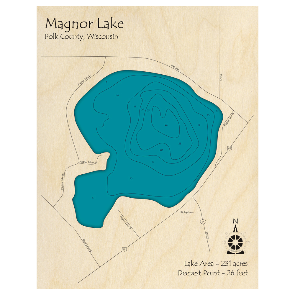 Bathymetric topo map of Magnor Lake, WI with roads, towns and depths noted in blue water.