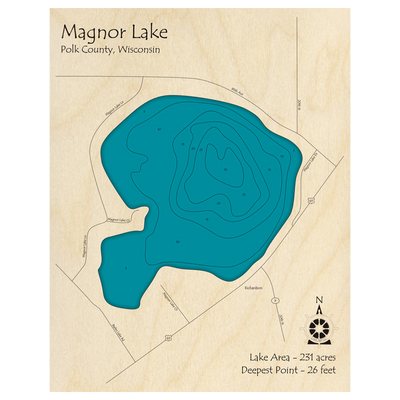 Bathymetric topo map of Magnor Lake, WI with roads, towns and depths noted in blue water.