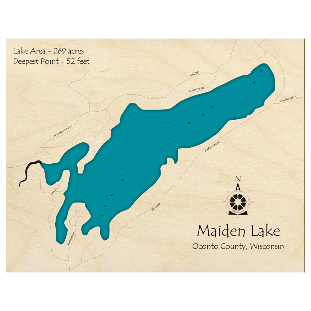 Bathymetric topo map of Maiden Lake, WI with roads, towns and depths noted in blue water.