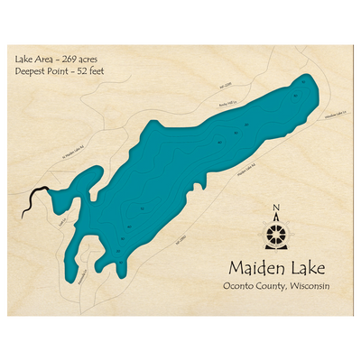 Bathymetric topo map of Maiden Lake, WI with roads, towns and depths noted in blue water.