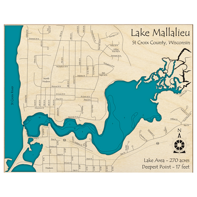 Bathymetric topo map of Lake Mallalieu, WI with roads, towns and depths noted in blue water.
