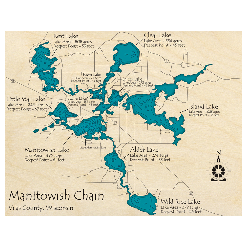 Bathymetric topo map of Manitowish Chain of Lakes, WI with roads, towns and depths noted in blue water.