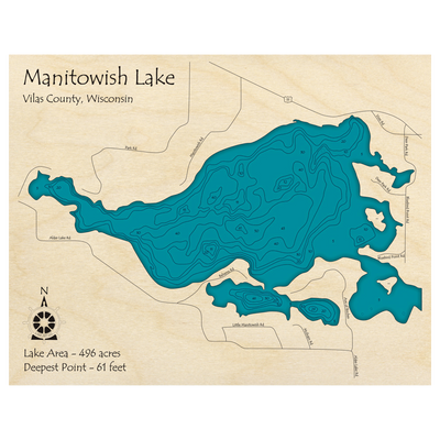 Bathymetric topo map of Manitowish Lake, WI with roads, towns and depths noted in blue water.