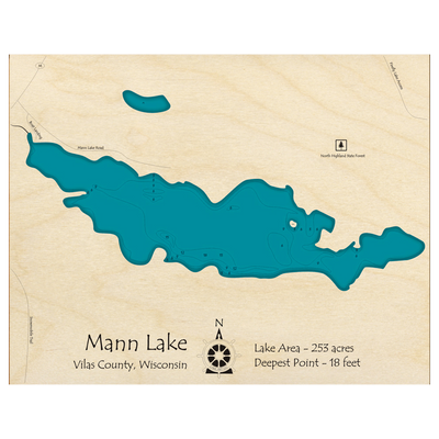 Bathymetric topo map of Mann Lake, WI with roads, towns and depths noted in blue water.