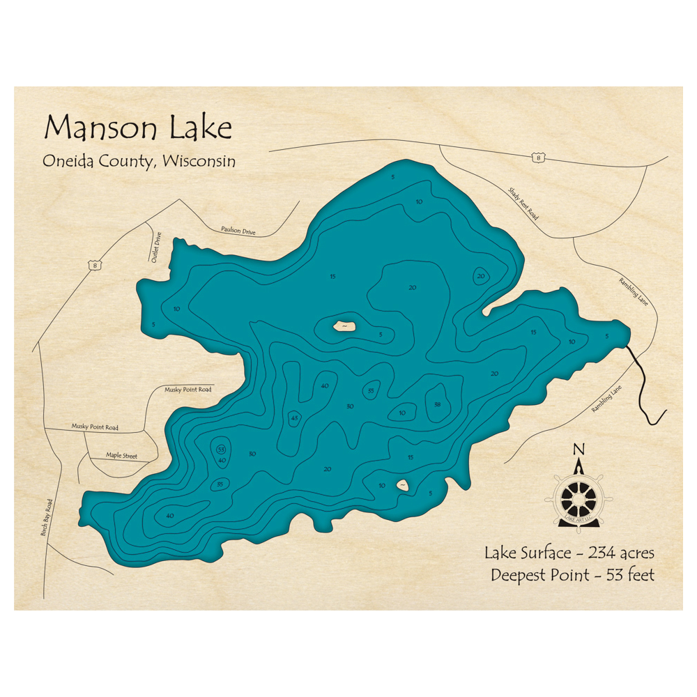 Bathymetric topo map of Manson Lake, WI with roads, towns and depths noted in blue water.
