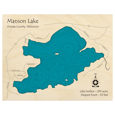 Bathymetric topo map of Manson Lake, WI with roads, towns and depths noted in blue water.