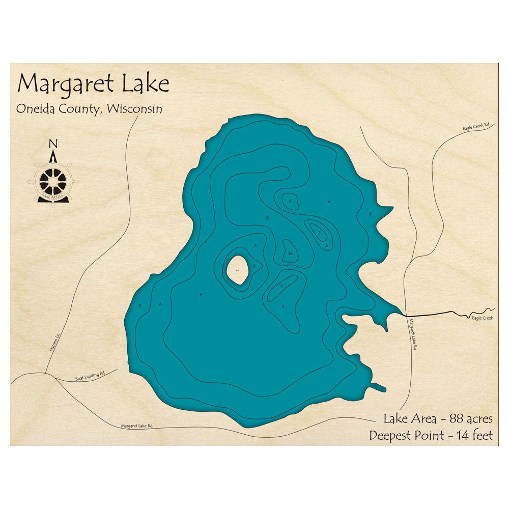 Bathymetric topo map of Margaret Lake, WI with roads, towns and depths noted in blue water.