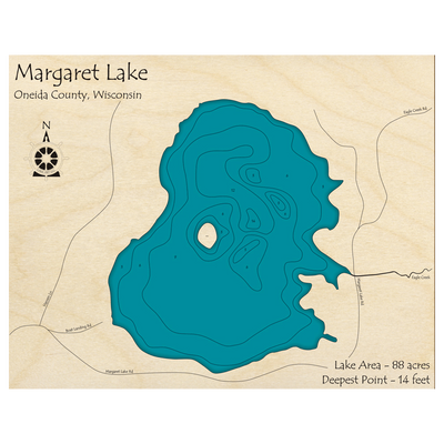 Bathymetric topo map of Margaret Lake, WI with roads, towns and depths noted in blue water.
