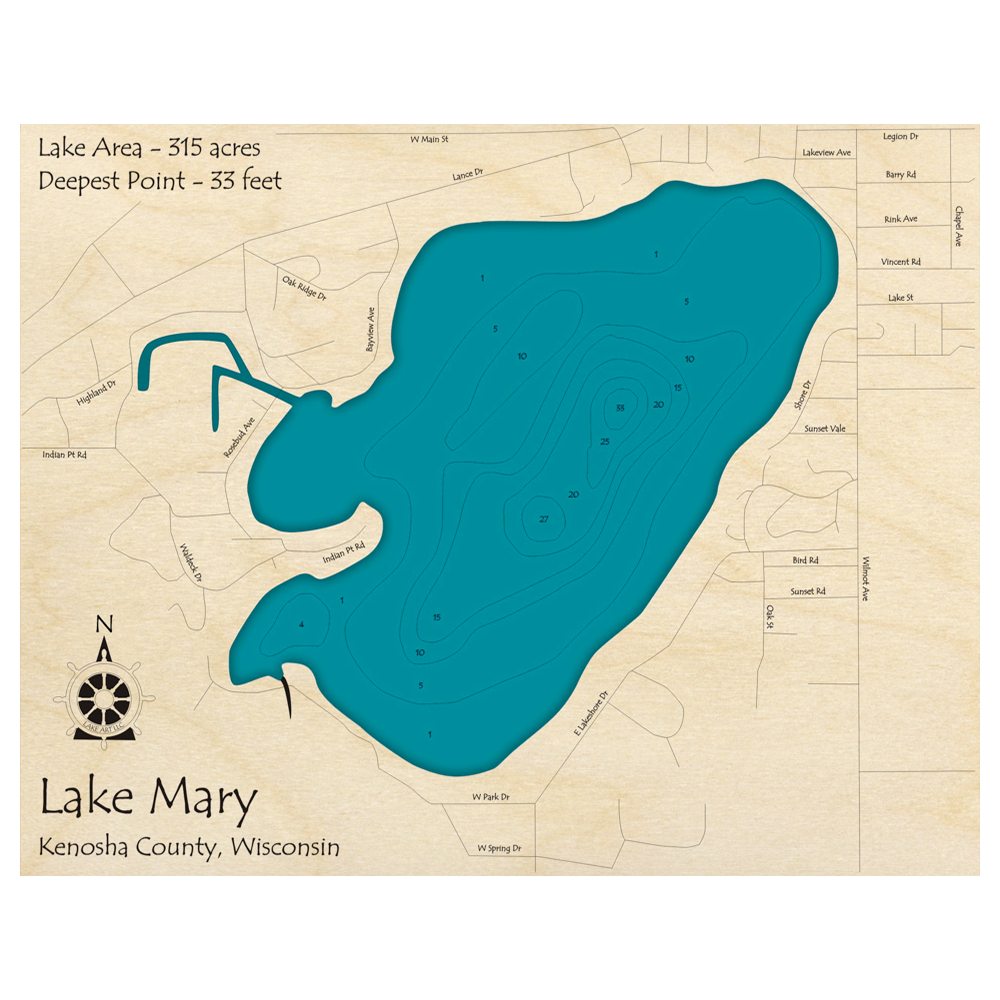 Bathymetric topo map of Mary Lake, WI with roads, towns and depths noted in blue water.