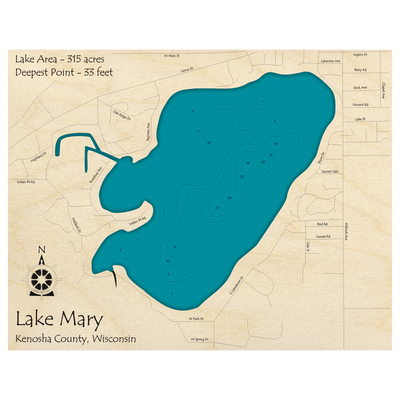 Bathymetric topo map of Mary Lake, WI with roads, towns and depths noted in blue water.