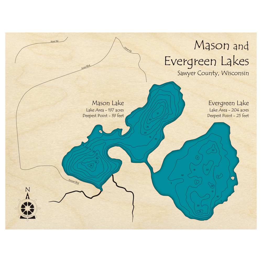 Bathymetric topo map of Mason and Evergreen Lakes, WI with roads, towns and depths noted in blue water.