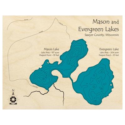 Bathymetric topo map of Mason and Evergreen Lakes, WI with roads, towns and depths noted in blue water.