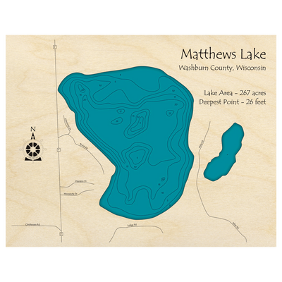 Bathymetric topo map of Matthews Lake, WI with roads, towns and depths noted in blue water.
