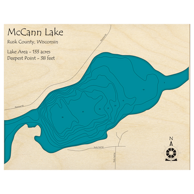Bathymetric topo map of McCann Lake, WI with roads, towns and depths noted in blue water.