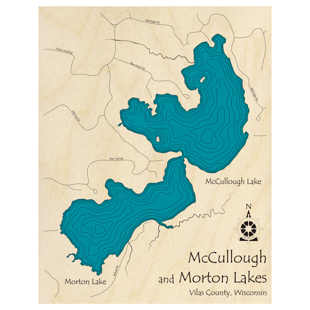 Bathymetric topo map of McCullough and Morton Lakes, WI with roads, towns and depths noted in blue water.