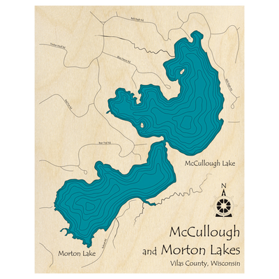 Bathymetric topo map of McCullough and Morton Lakes, WI with roads, towns and depths noted in blue water.