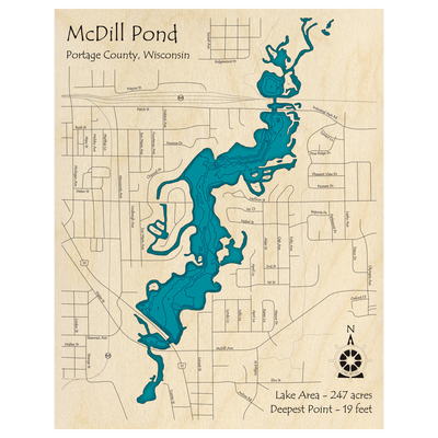 Bathymetric topo map of McDill Pond, WI with roads, towns and depths noted in blue water.