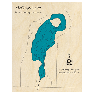Bathymetric topo map of McGraw Lake, WI with roads, towns and depths noted in blue water.
