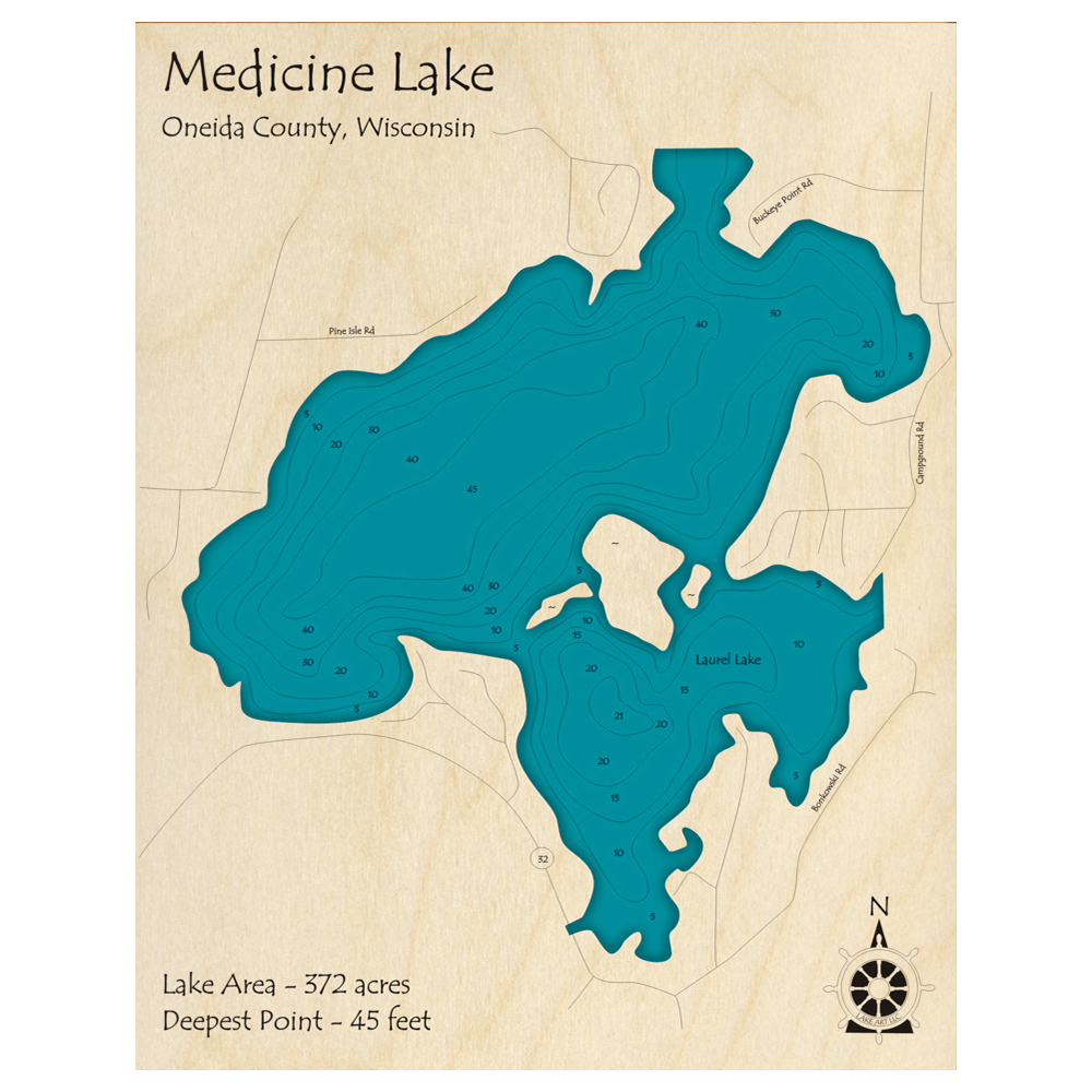Bathymetric topo map of Medicine Lake, WI with roads, towns and depths noted in blue water.