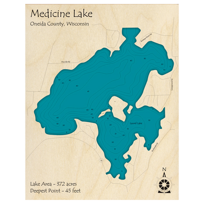 Bathymetric topo map of Medicine Lake, WI with roads, towns and depths noted in blue water.
