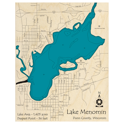 Bathymetric topo map of Lake Menomin, WI with roads, towns and depths noted in blue water.