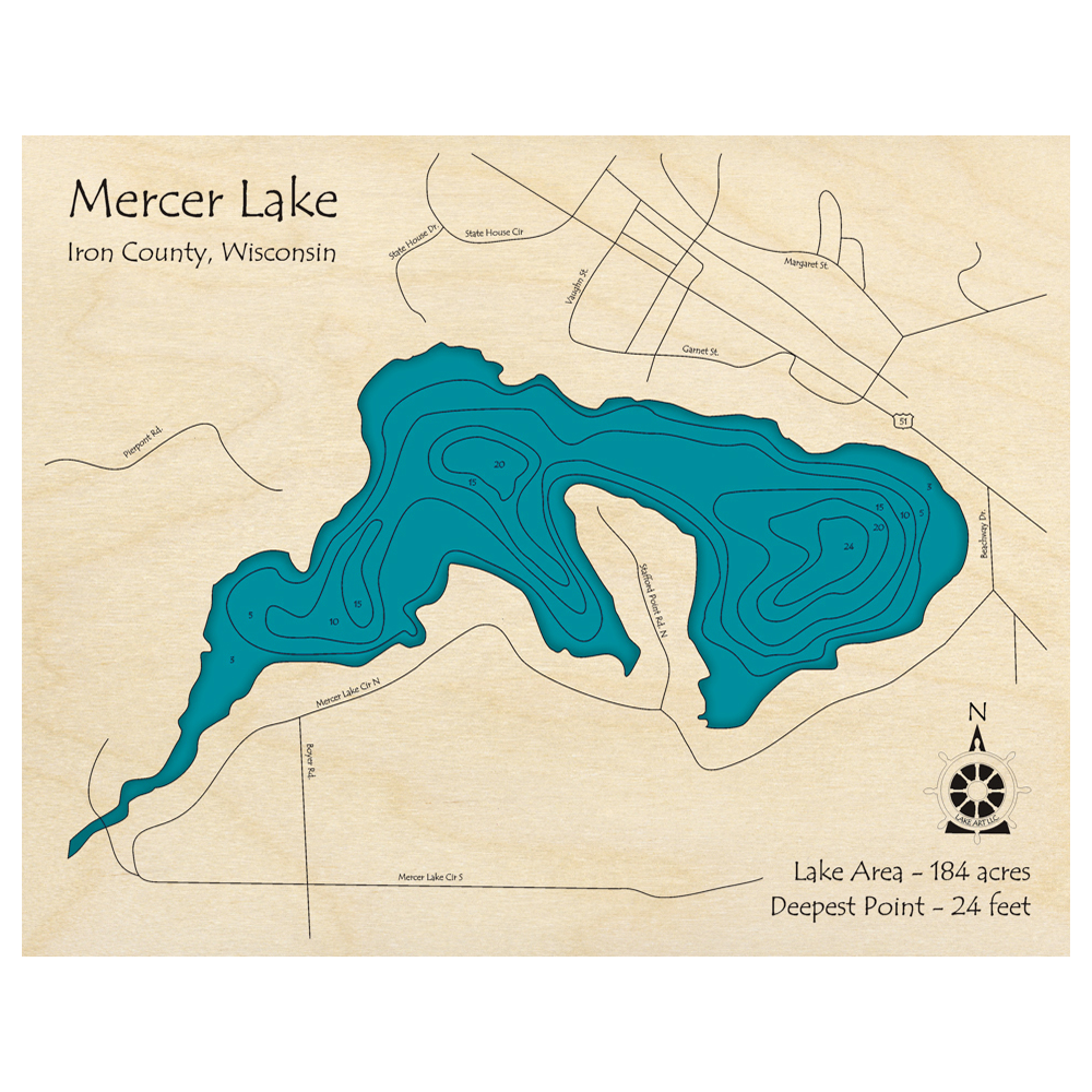 Bathymetric topo map of Mercer Lake, WI with roads, towns and depths noted in blue water.