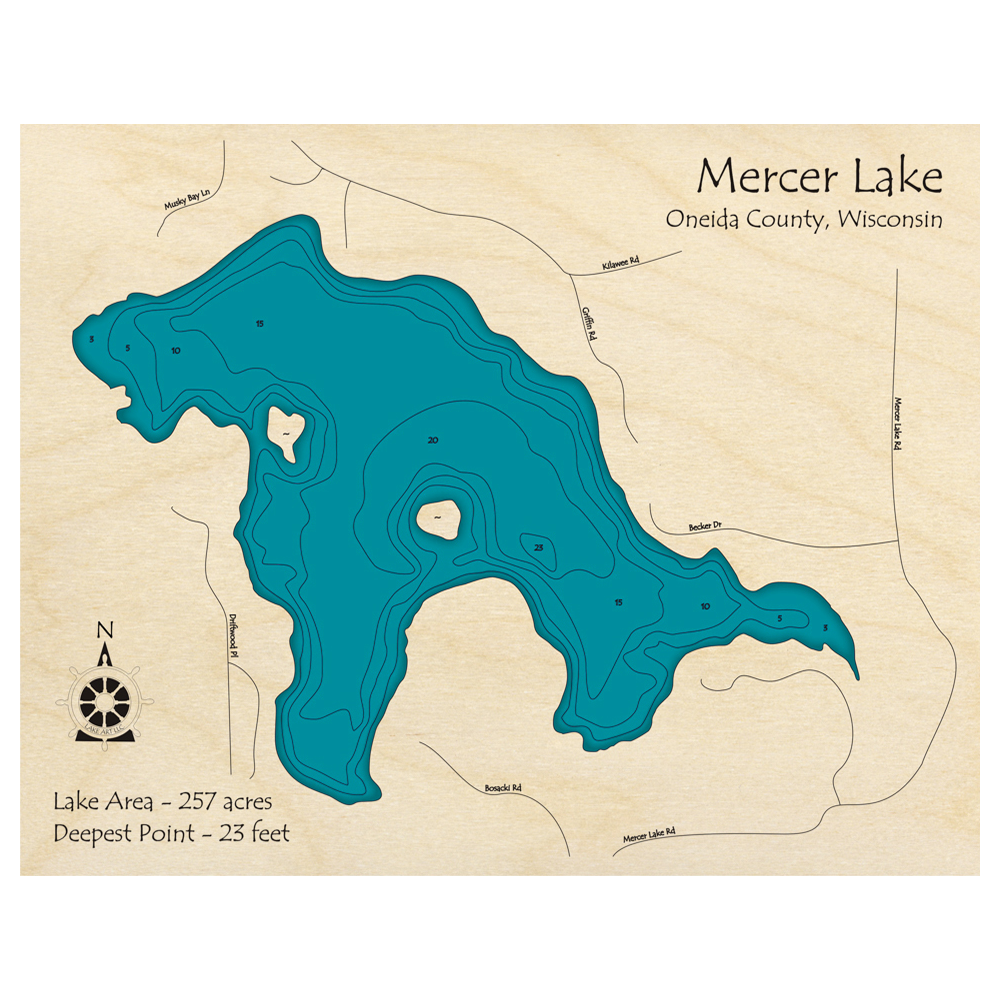 Bathymetric topo map of Mercer Lake, WI with roads, towns and depths noted in blue water.