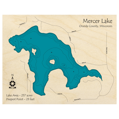 Bathymetric topo map of Mercer Lake, WI with roads, towns and depths noted in blue water.