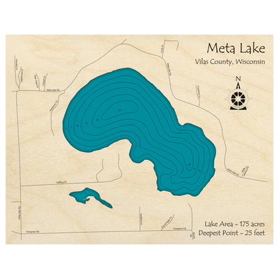 Bathymetric topo map of Meta Lake, WI with roads, towns and depths noted in blue water.