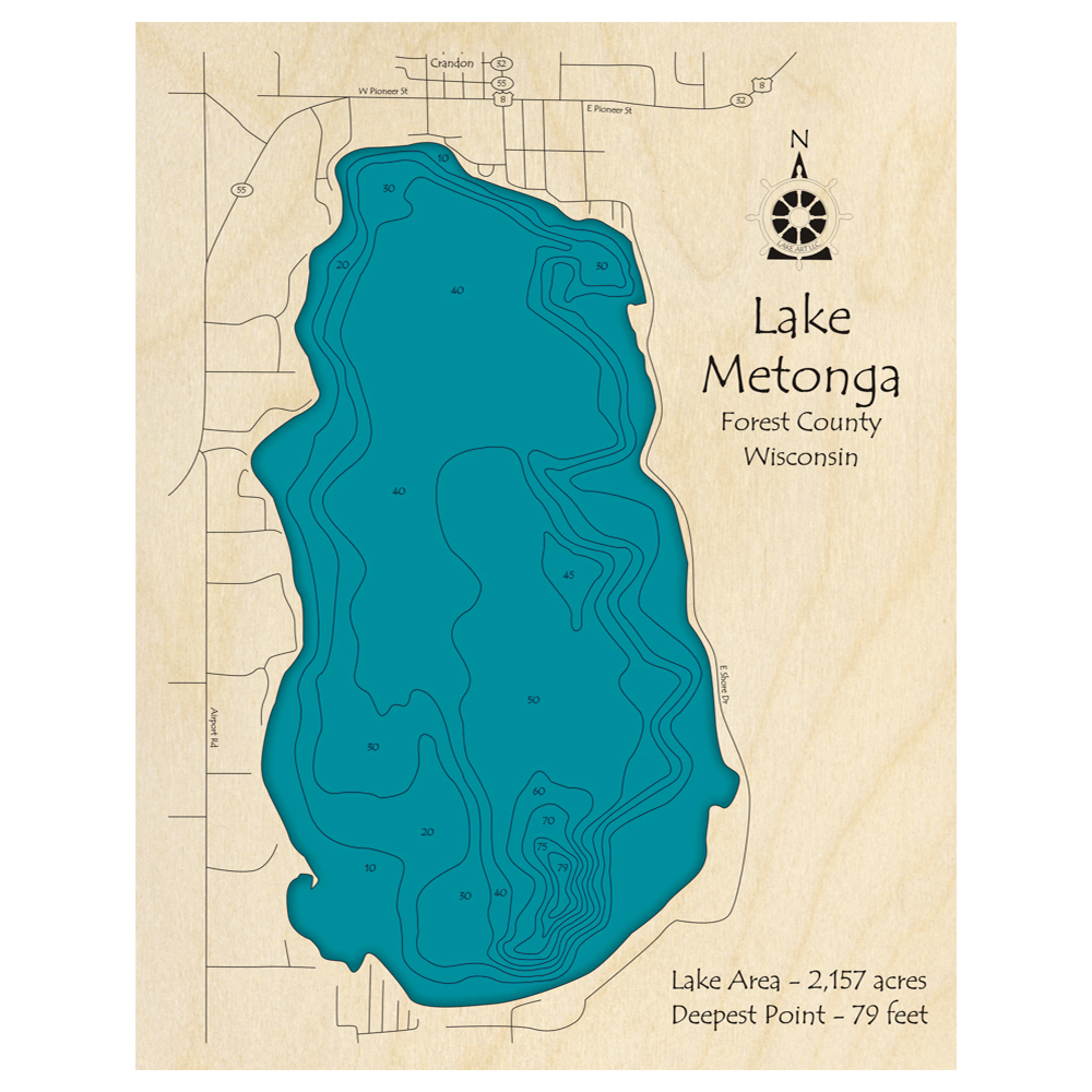 Bathymetric topo map of Lake Metonga, WI with roads, towns and depths noted in blue water.