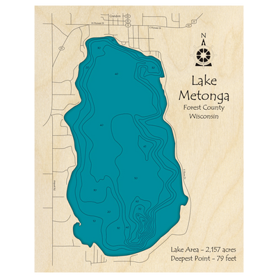 Bathymetric topo map of Lake Metonga, WI with roads, towns and depths noted in blue water.