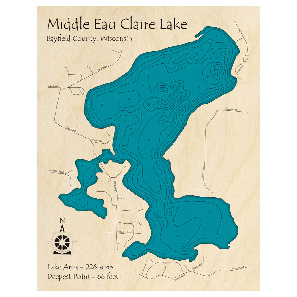 Bathymetric topo map of Middle Eau Claire Lake, WI with roads, towns and depths noted in blue water.