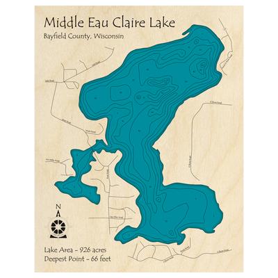 Bathymetric topo map of Middle Eau Claire Lake, WI with roads, towns and depths noted in blue water.