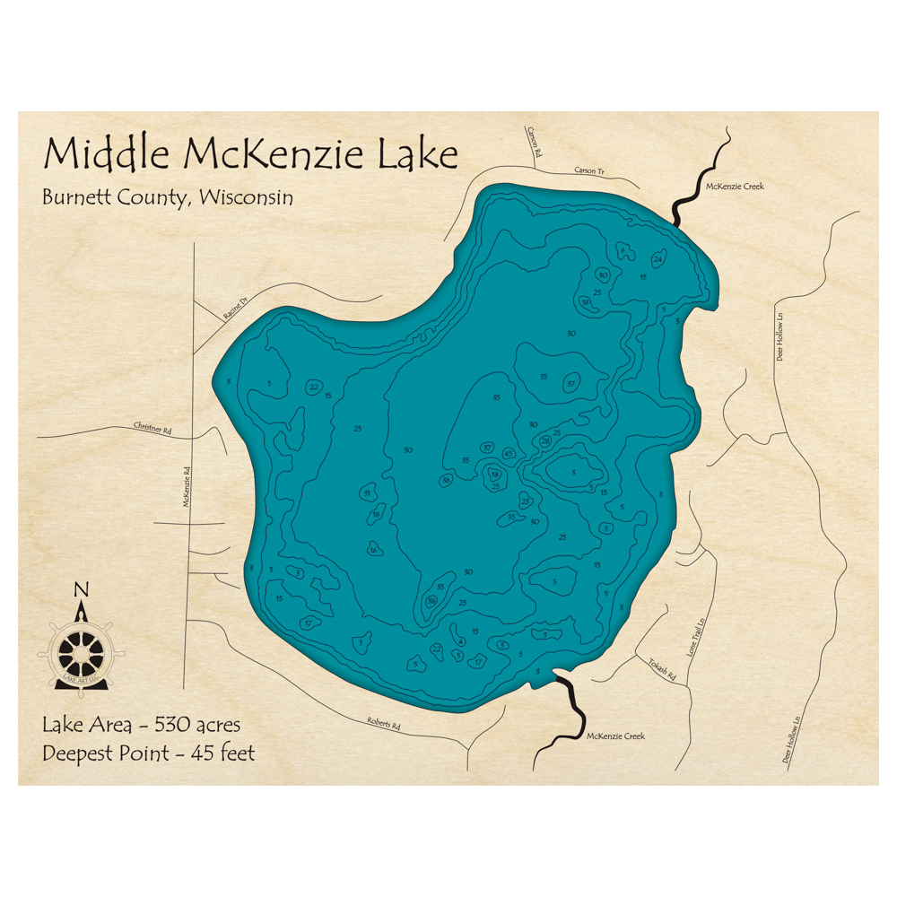 Bathymetric topo map of Middle McKenzie Lake, WI with roads, towns and depths noted in blue water.